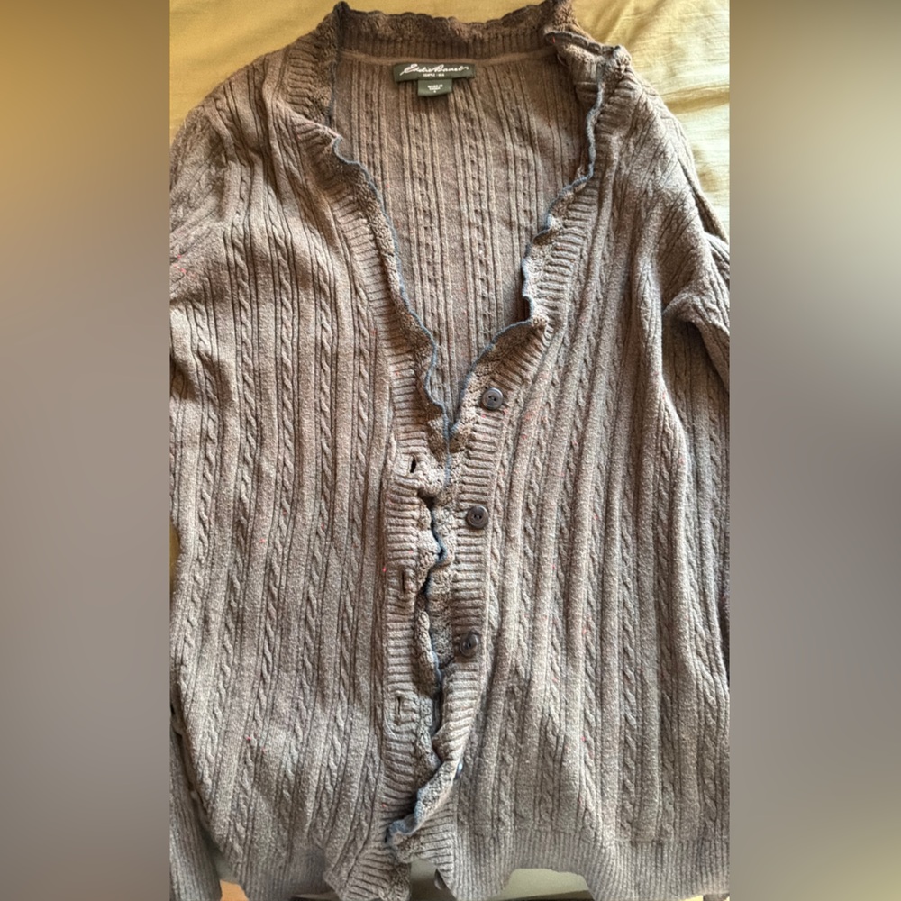 Eddie Bauer Taupe Ruffled Cardigan
